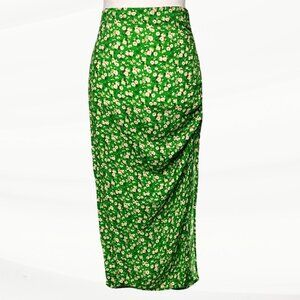 Zara Long, Green, Ruched, Ditsy Floral Skirt with Side Slit, Size XS